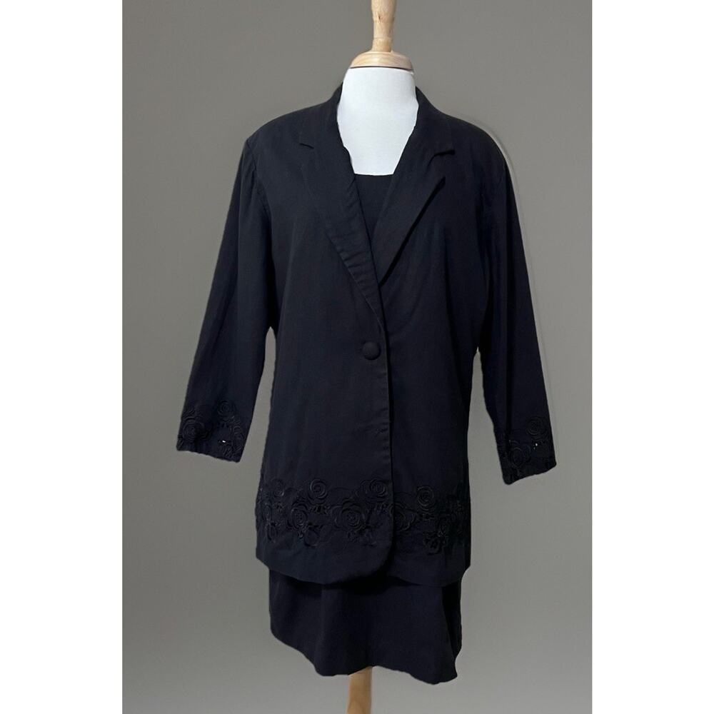Vintage Styleworks Solid Black Sheath Dress/Blazer Set sz 18 Embroidered Career